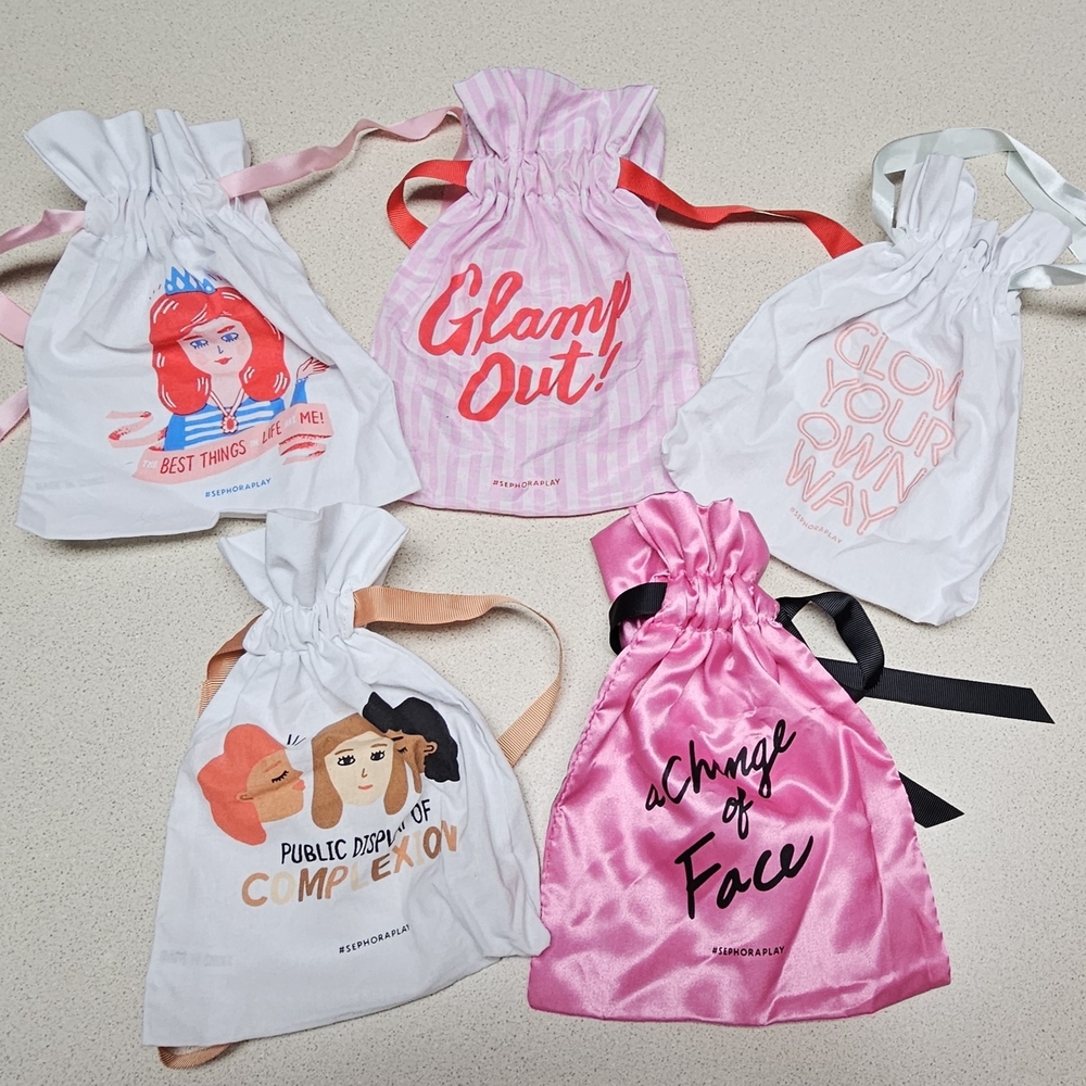 Sephora Play Cosmetic Bags, Set Of 5. Variety Colorful Drawstring Silky Cotton.